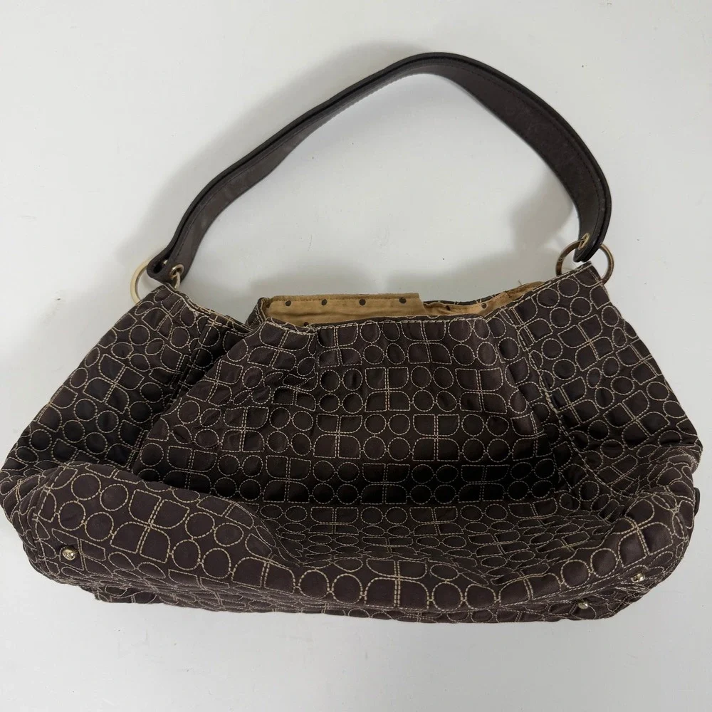 Kate Spade Womens Brown Quilted Nylon Shoulder Bag Hobo Drawstring Geometric